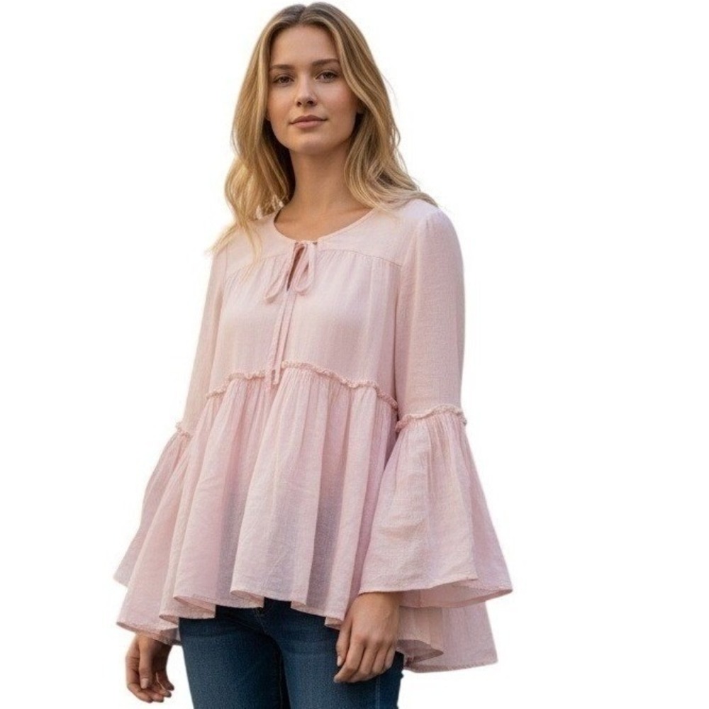 OLIVACEONS Womens Pink Bell Sleeve Peasant Blouse Top Tie Neck Ruffle Size M